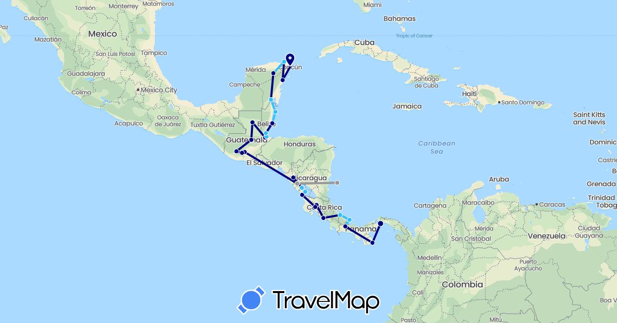 TravelMap itinerary: driving, plane, boat in Belize, Costa Rica, Guatemala, Mexico, Nicaragua, Panama (North America)